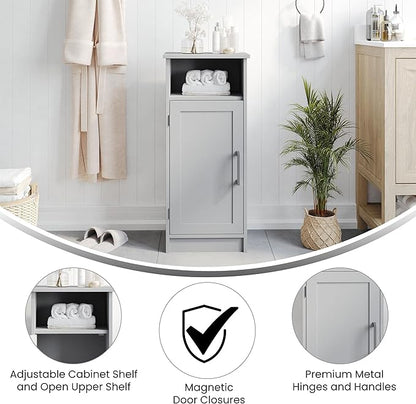 Flash Furniture Vega Bathroom Storage Cabinet Organizer with Magnetic Closure Door, in-Cabinet Adjustable Shelf, Upper Open Shelf, Gray
