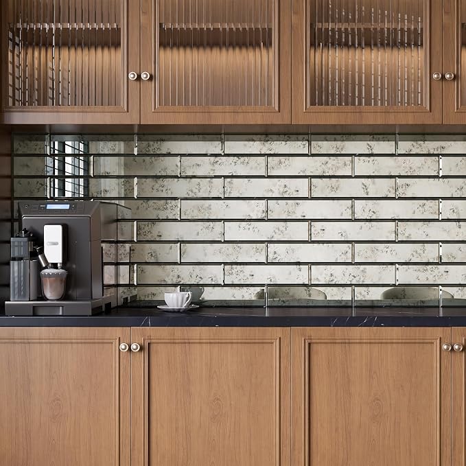 Peel and Stick Beveled Sliver Antique Mirror Tile Subway Mirror Glass Backsplash 3x12 Inch for Kitchen Bathroom Wall