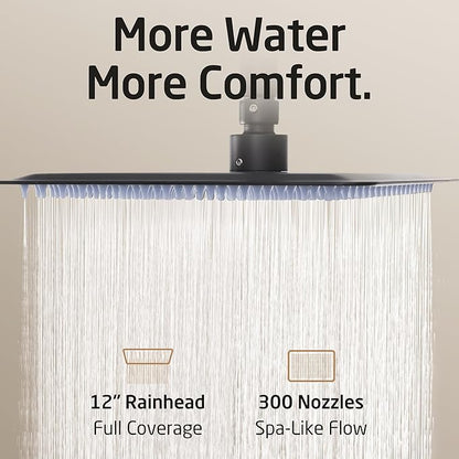 KES Black Bathtub Shower Faucet Set with 12" Rectangle Rain Shower Head, Shower System with 3-Modes Handheld Spray and Waterfall Tub Spout, cUPC Anti-Scald Valve included, XB6336S12-BK