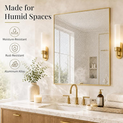 30"x30" Brushed Gold Framed Square Bathroom Vanity Wall Mirror | Accent Wall Mirror, Square Geometric Look, Slim Metal Frame, Living Room or Entryway, Keyhole Mount, Tempered Glass