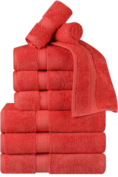 Superior Egyptian Cotton 800 GSM Plush & Absorbent, 9 Piece Set, Coral | Quick Dry, Soft Luxury Towel Set, Bath Essentials, Guest Bath, Spa, 3 Bath, 3 Hand, 3 Face Towel, Madeline Towels