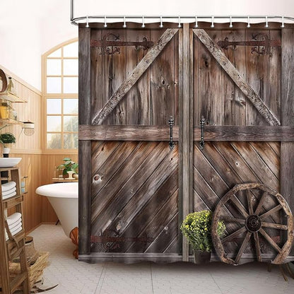Rustic Barn Door Shower Curtains, Western Vintage Farmhouse Wood Board Retro Decor Curtain Sets for Bathroom Decor, Brown Wooden Countryside Bath Curtain with Hooks 70X70IN
