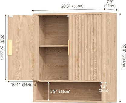 27.6" H Natural Bathroom Wall Cabinet with 2 Fluted Doors, Modern Medicine Cabinet with Adjustable Shelf, Curved Profile Wall Mounted Bathroom Cabinet for Kitchen, Living Room, Oak