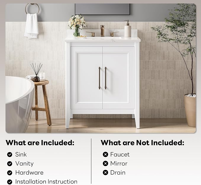 LIKIMIO 30" Bathroom Vanity with Sink, Engineered Stone Top, 2 Doors, White | Freestanding Bathroom Vanity, Engineered Stone Countertop with Undermount Ceramic Sink, Modern Bathroom Storage Cabinet