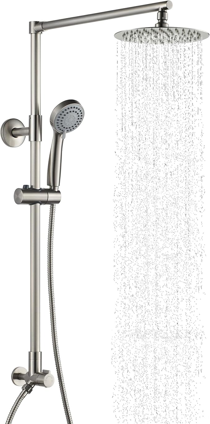 Fennocasa Polaris 3 Rain Shower System, 8” Rainfall Shower Head and Handheld Shower Combo, includes 3-Setting Handheld Spray, Height Adjustable Shower Wand Holder, 60” Hose (1.8 GPM Brushed Nickel)