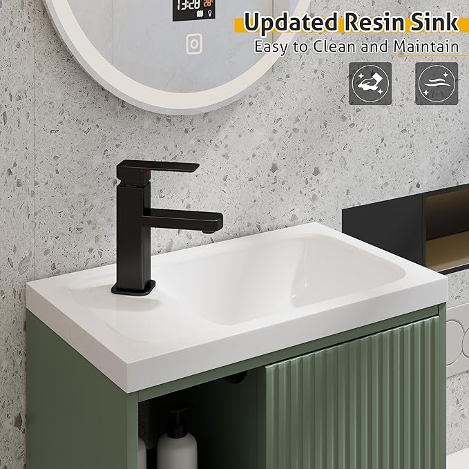 eclife 20" Floating Bathroom Vanity Sink Combo for Small Space, Wall-Mounted Guest Toilet Wash Basin Cabinet with Opening Shelf, Soft Closing Door, Gray Green Painted