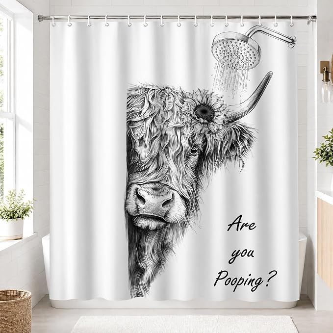 Funny Cow Shower Curtain, Fun Highland Cow Farmhouse Bath Curtain | 72x72 Inches, Waterproof Polyester Fabric, Cute Western Cattle Bathroom Decor for Home Decorations, Includes 12 Hooks
