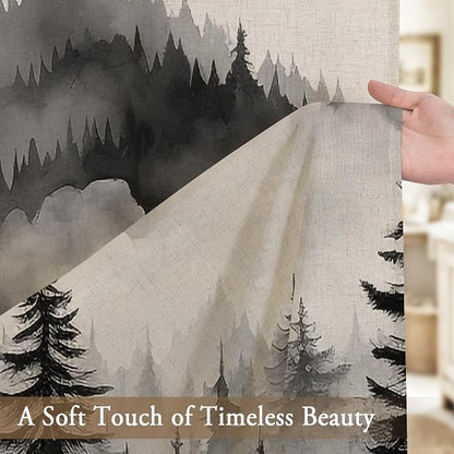 Litabel Black Linen Misty Pine Forest Shower Curtain, Mountain Foggy Woodland Cotton Shower Curtains for Chic Rustic Bathroom, Abstract Modern Waterproof Nature-Themed Decor, 72 x 72