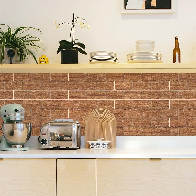 STICKGOO 10-Sheet Backsplash Peel and Stick Subway Tile(Thicker Design, Faux Red Travertine)