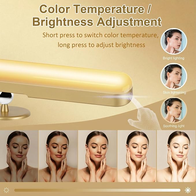 Benreom 2 Pack Wireless Vanity Lights for Mirror, Magnetic LED Bars, Gold | Rechargeable with Adjustable Color, Brightness and Angle for Makeup Mirrors, Bathrooms and Renter-Friendly Decor