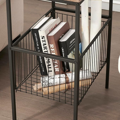VECELO 2 Sets Tall End Table with Metal Basket,Nightstand with Shelf Storage Organizer, Wood Night Stand with Metal Frame, Waterproof for Bedroom, Living Room, Bathroom