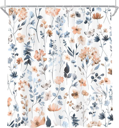 Cute Floral Blue Pink Flower Watercolor Plants Bathroom Shower Curtain Set | 72"W x 72"H Wildflower Butterfly; waterproof HD print, quick-dry fabric and plastic hooks for easy setup.