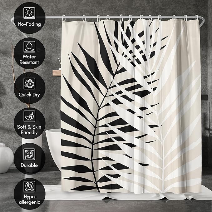 Americanflat 71x74 Botanical Shower Curtain - Water-Resistant Long Shower Curtain with Durable Metal Grommets and 12 Hooks - 100% Polyester - Black, White, and Beige