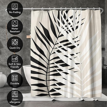 Americanflat 71x74 Botanical Shower Curtain - Water-Resistant Long Shower Curtain with Durable Metal Grommets and 12 Hooks - 100% Polyester - Black, White, and Beige