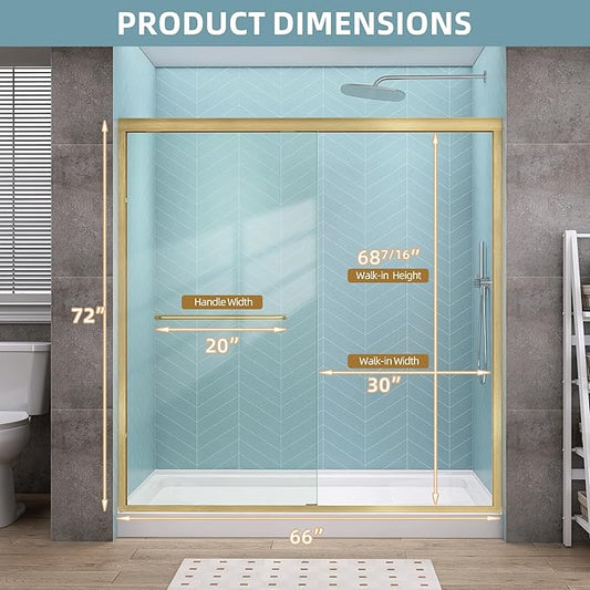GETPRO Shower Door Double Sliding 62-66 in. W x 72 in. H Semi-Frameless Bypasss Bathroom Glass Shower Sliding Doors,1/4 inch Clear Tempered Glass Door for Walk-in Shower Brushed Gold