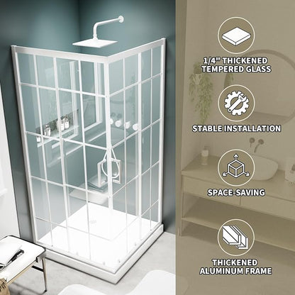36x36x71 White Shower Enclosure, 1/4"(6mm) SGCC Clear Grid Tempered Glass | Double Sliding Corner Shower Door, Stainless Steel Handle&Tracks, Easy to Assemble, Base No Included