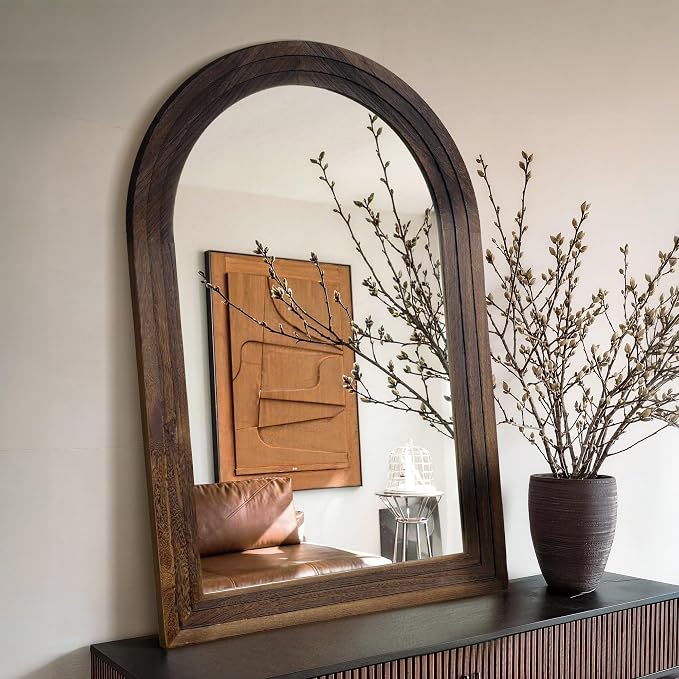 Arched Bathroom Mirror, 45"x30" Brown Wood Frame Wall Mirror | Farmhouse Vintage Vanity Mirror with Layered Frame for Entryway, Living Room, Bedroom
