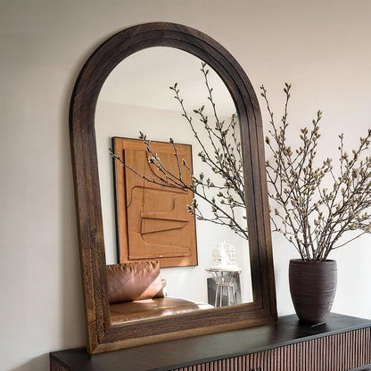 Arched Bathroom Mirror, 45"x30" Brown Wood Frame Wall Mirror | Farmhouse Vintage Vanity Mirror with Layered Frame for Entryway, Living Room, Bedroom
