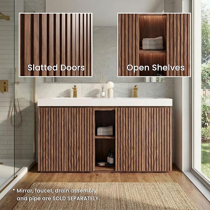 60" Double Bathroom Vanity with Sink Combo, Mid Century Modern Bathroom Cabinet with Doors & Shelves, Glossy White Integrated Sink with Overflow, Walnut