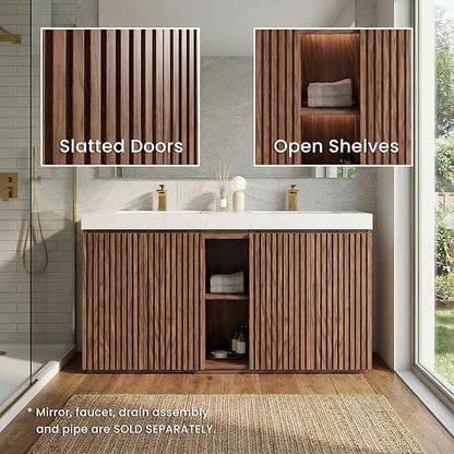 60" Double Bathroom Vanity with Sink Combo, Mid Century Modern Bathroom Cabinet with Doors & Shelves, Glossy White Integrated Sink with Overflow, Walnut