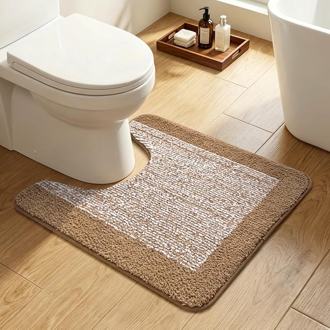 Toilet Rugs U-Shaped 24x19, Non-Slip Plush Shaggy Quick Dry Bathroom Contour Rugs, Extra Soft Absorbent Chenille Washable Bath Mat for Toilet Base, Coffee