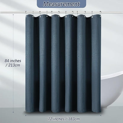 Long Blue Shower Curtains for Bathroom Waffle Weave 84 Inches Length Heavy Duty Fabric Navy Shower Curtain, 256GSM Waterproof Luxury Shower Curtain with 12 Hooks, 72Wx84H Navy Blue