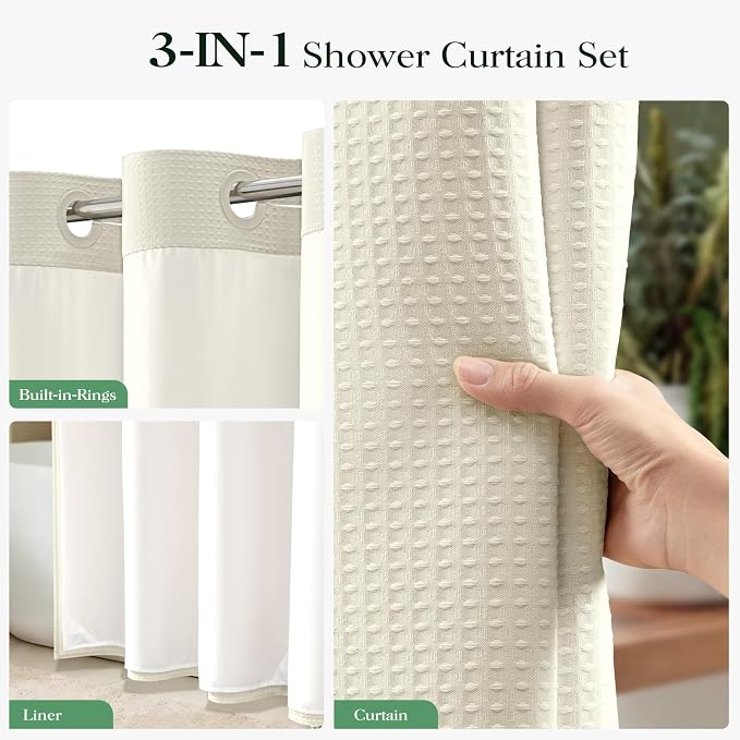 Cream Hook Free Waffle Shower Curtain & Snap-in Fabric Liner,72x99 | Less Time to install, 3 in 1 Fabric Shower Curtain and Liner Set with Magnets, Extra Long, Shower Curtains for Bathroom