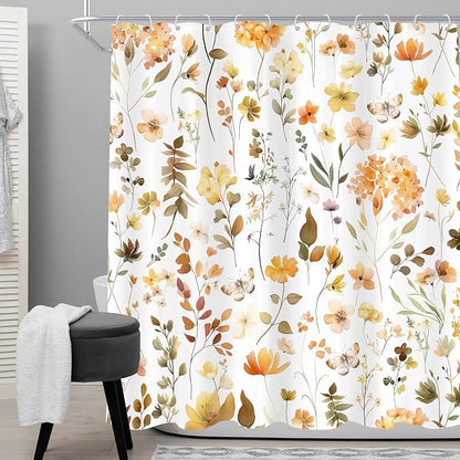 Orange Floral Flower Fall Autumn Brown Plants Bathroom Shower Curtain Set | 72"W x 72"H Botanical Wildflower; waterproof HD print, quick-dry fabric and plastic hooks for easy setup.
