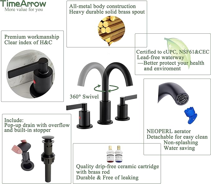 Matte Black 2 Handle 8 Inch Widespread Bathroom Sink Faucet with Pop-Up Drain, High Arc Modern Bathroom Vanity Lavatory Faucet 3 Holes with Brass 360° Swivel Spout, TAF830C-MB