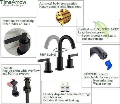 Matte Black 2 Handle 8 Inch Widespread Bathroom Sink Faucet with Pop-Up Drain, High Arc Modern Bathroom Vanity Lavatory Faucet 3 Holes with Brass 360° Swivel Spout, TAF830C-MB