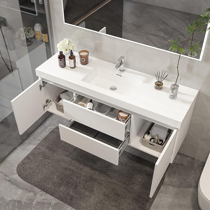 Vanity Art 60 Inch Single Sink Wall Mounted Bathroom Vanity Set 2 Drawers Storage Cabinet with White Engineered Stone Top Undermount Rectangle Sink High-Glossy