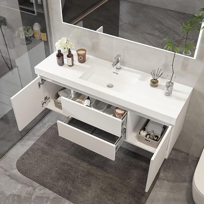 Vanity Art 60 Inch Single Sink Wall Mounted Bathroom Vanity Set 2 Drawers Storage Cabinet with White Engineered Stone Top Undermount Rectangle Sink High-Glossy