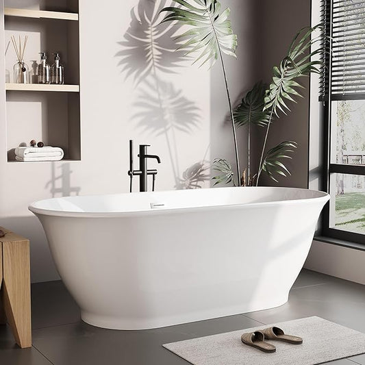 67" Oval Freestanding Bathtub, Acrylic Soaking Tub with Overflow, Matte Silver Drain, Modern Stand Alone Tub, Deep Free Standing Bath Tub for Bathroom, Hotel, Easy Install, CUPC Certified, White
