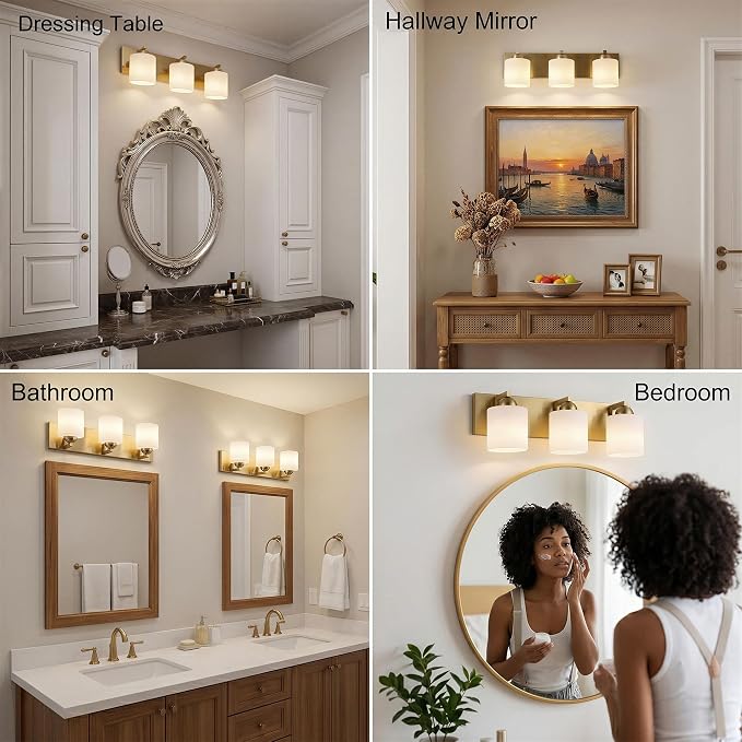mirrea 3-Light Brushed Gold Bathroom Vanity Light with White Glass Shades | Over Mirror,Wall Sconce,ETL listed,Bathroom Lighting Fixtures,Elegant Design,Milk White Glass Shade,Easy Installation