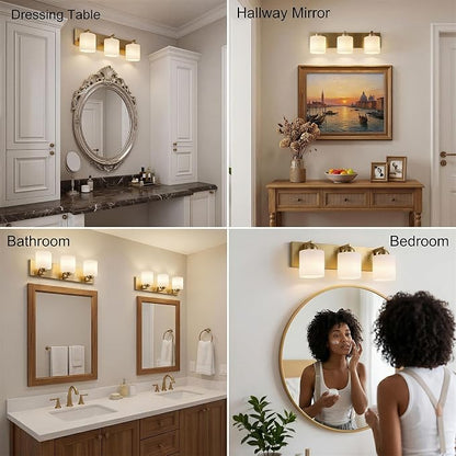 mirrea 3-Light Brushed Gold Bathroom Vanity Light with White Glass Shades | Over Mirror,Wall Sconce,ETL listed,Bathroom Lighting Fixtures,Elegant Design,Milk White Glass Shade,Easy Installation