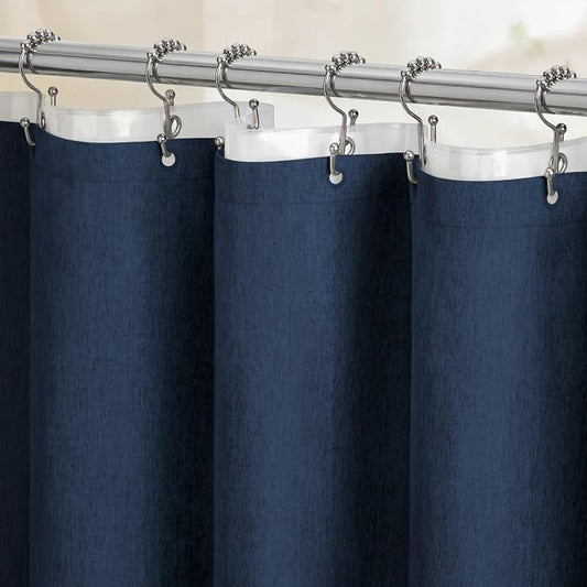 BTTN 72x78 Long 3 in 1 Linen Texture Shower Curtain with Liner, Navy Blue | Tall Size, 230GSM Heavy Duty Polyester, Waterproof Clear Liner, Weighted Hem, 12 Plastic Hooks, Hotel Style, Machine Washable
