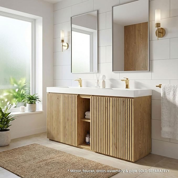 60" Double Bathroom Vanity with Sink Combo, Mid Century Modern Bathroom Cabinet with Doors & Shelves, Glossy White Integrated Sink with Overflow, Light Oak