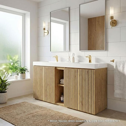 60" Double Bathroom Vanity with Sink Combo, Mid Century Modern Bathroom Cabinet with Doors & Shelves, Glossy White Integrated Sink with Overflow, Light Oak