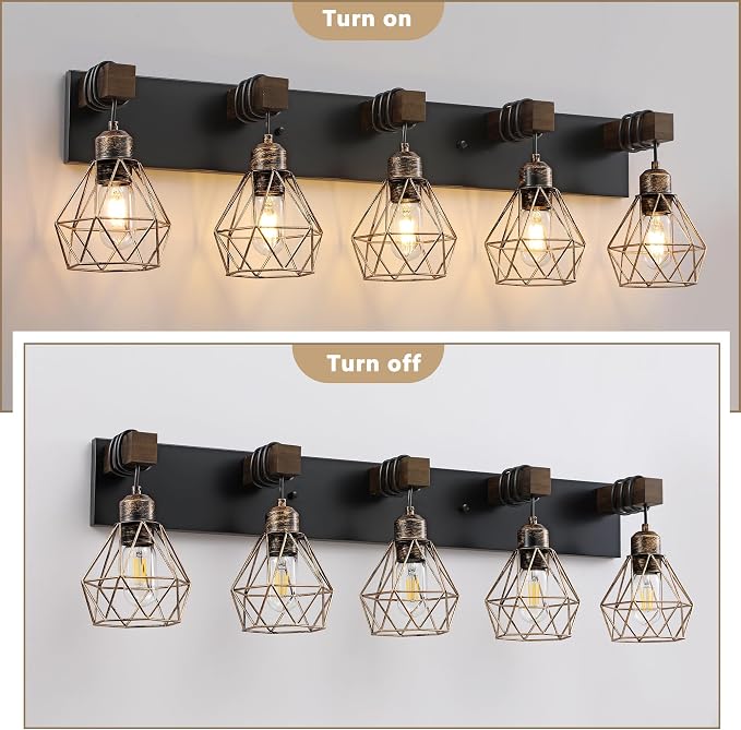 maesta Bathroom Vanity Light, 5 Light Farmhouse Fixture Over Mirror | Farmhouse Bathroom Light Fixtures, Wood & Metal, Black Gold, Anti-Rust Easy to Install for Rustic Bathroom Hallway