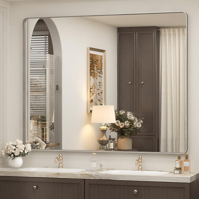 48x40 Inch Silver Bathroom Vanity Mirror | Brushed Nickel, Metal Silver Framed Bathroom Mirror, Rounded Rectangle, Anti-rust, Shatterproof (Horizontal/Vertical)