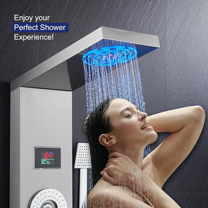 ROVATE LED Shower Panel Tower System with Rainfall and Mist Shower Head, 6-in-1 Shower Panels with Jets and Handheld and Digital Temperature Display, Shower Tower High Pressure with Tub Spout