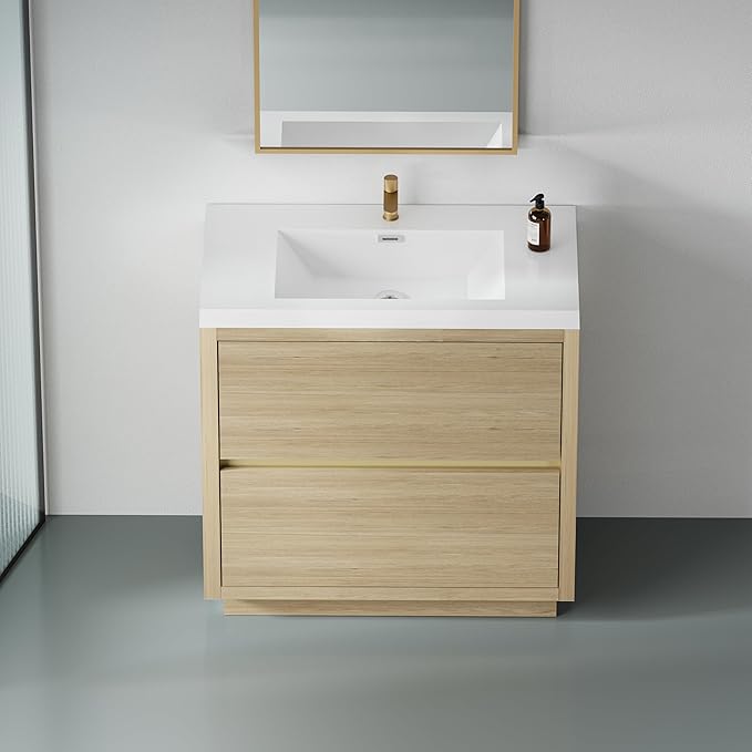 36 Inch Bathroom Vanity with Sink, Single Sink Bathroom Vanity, Freestanding Vanity Bathroom Soft Closed 2 Drawers, Integrated Sink (Natural Oak)