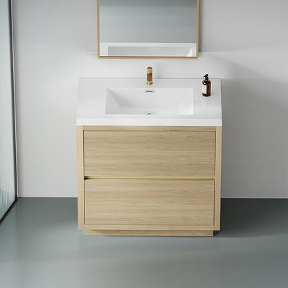 36 Inch Bathroom Vanity with Sink, Single Sink Bathroom Vanity, Freestanding Vanity Bathroom Soft Closed 2 Drawers, Integrated Sink (Natural Oak)