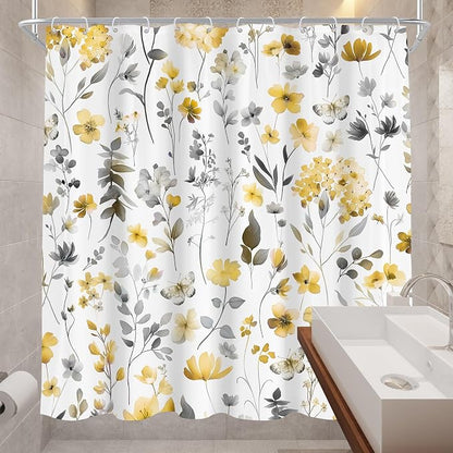 Yellow Gray Grey Flower Floral Wildflower Leaf Bathroom Shower Curtain Set | 72"W x 72"H Leaves Botanical; waterproof HD print, quick-dry fabric and plastic hooks for easy setup.