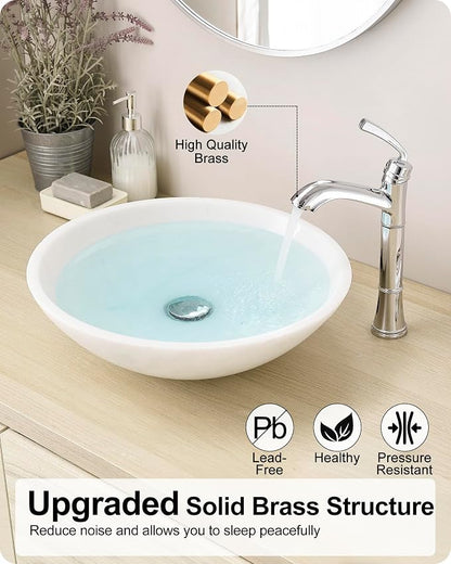 Tall Vessel Sink Faucet, Brass Bathroom Vessel Faucet, One Hole, Single Handle with Pop-Up Drain & Supply Water Hoses, No Leaks, Chrome