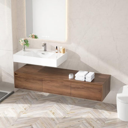60 Inch Floating Bathroom Vanity with Single Sink, Modern Wall-Mounted Bathroom Cabinet with Resin Sink & Soft Close Drawers, Split-Level Layout (Walnut, 60")