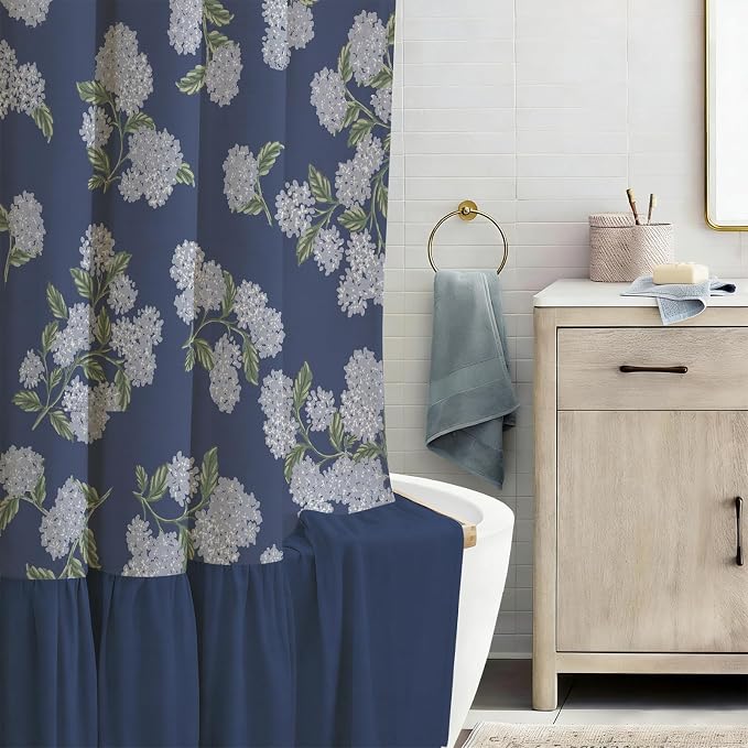 ORTIGIA Linen Textured Ruffle Shower Curtain with Metal Hooks, Vintage Navy Blue Hydrangea Floral Boho Waterproof Bath Curtain for Rustic Farmhouse Bathroom Decor 72x72 Inch