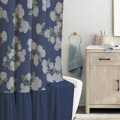 ORTIGIA Linen Textured Ruffle Shower Curtain with Metal Hooks, Vintage Navy Blue Hydrangea Floral Boho Waterproof Bath Curtain for Rustic Farmhouse Bathroom Decor 72x72 Inch