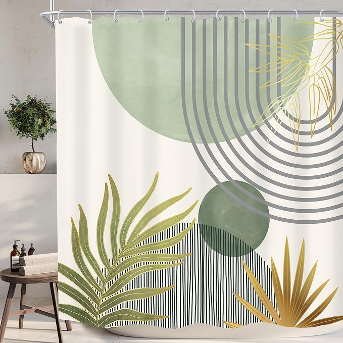 Mid Century Mint Green Boho Abstract Modern Bathroom Shower Curtain Set | 72Wx72L Plant design, waterproof HD print with fast-drying fabric and 12 hooks.