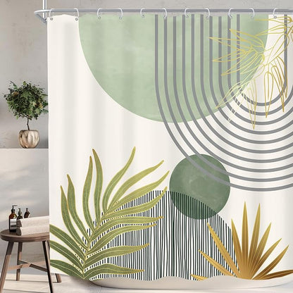 Mid Century Mint Green Boho Abstract Modern Bathroom Shower Curtain Set | 72Wx72L Plant design, waterproof HD print with fast-drying fabric and 12 hooks.